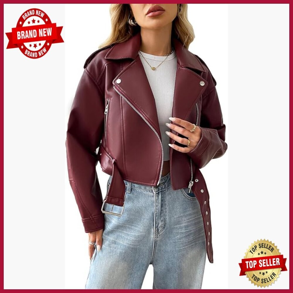 Faux Leather Cropped Biker Jacket with Belt, Vegan Motor Coat